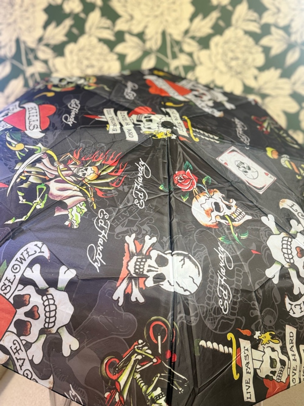 Ed Hardy Black Tattoo-Print Compact Umbrella with Red and Green Accents NWT